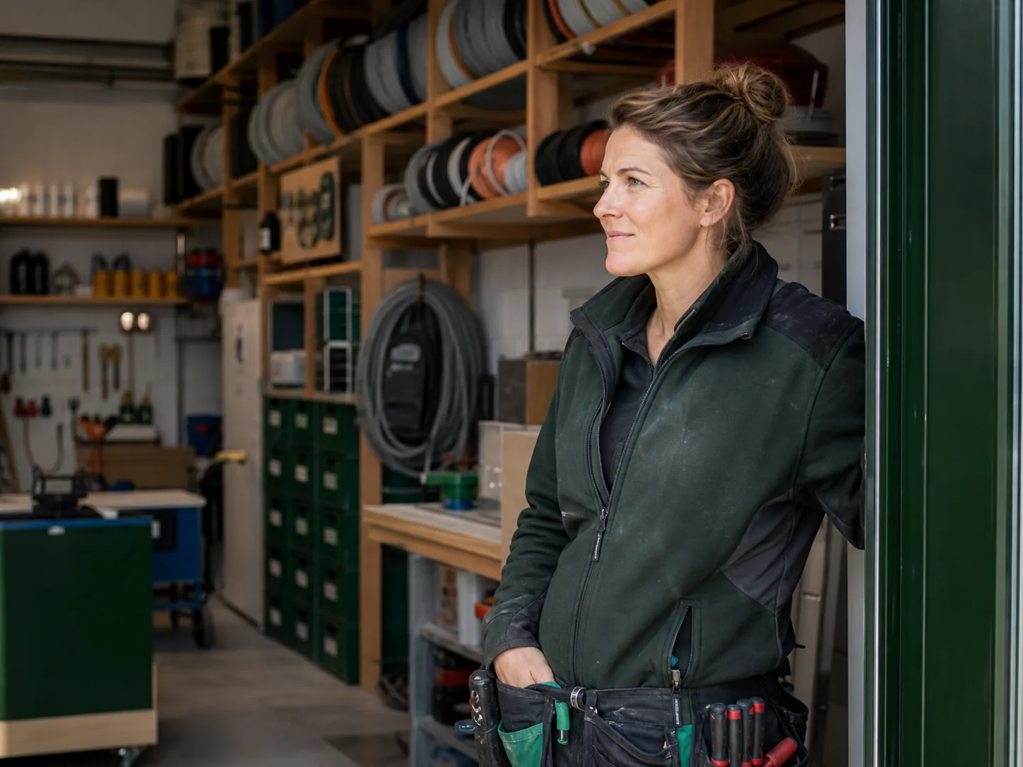 Eine Handwerkerin steht am Eingang einer gut ausgestatteten Werkstatt